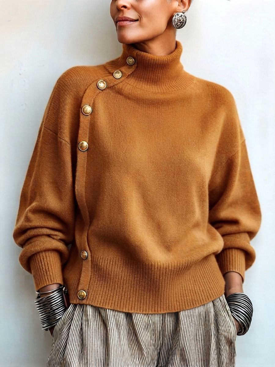 Lylian - Turtleneck Button Trim Long Sleeve Sweater