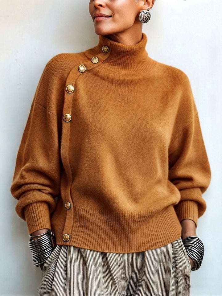 Lylian - Turtleneck Button Trim Long Sleeve Sweater
