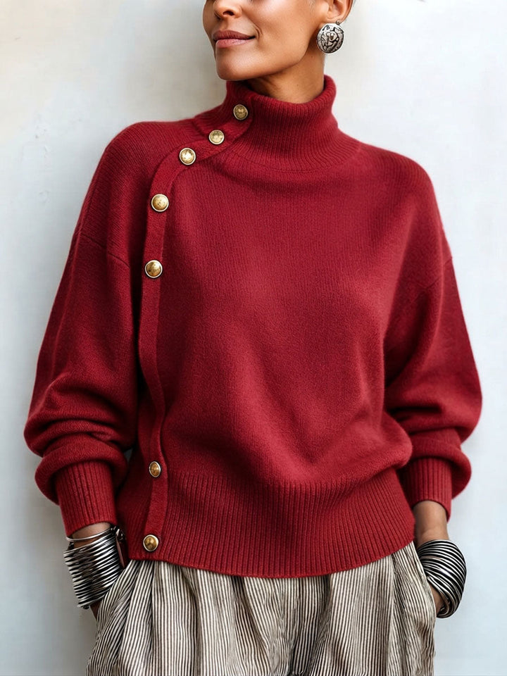 Lylian - Turtleneck Button Trim Long Sleeve Sweater
