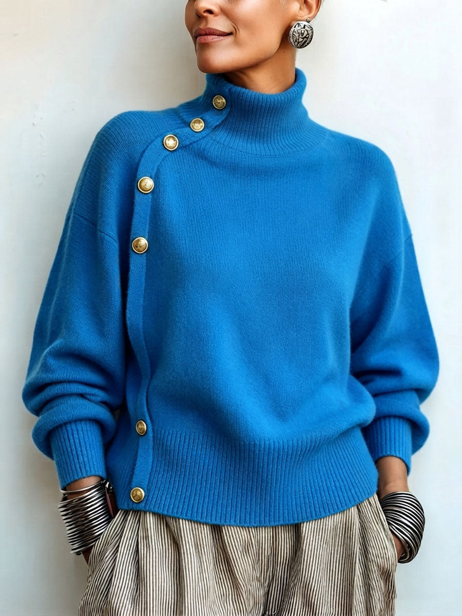 Lylian - Turtleneck Button Trim Long Sleeve Sweater