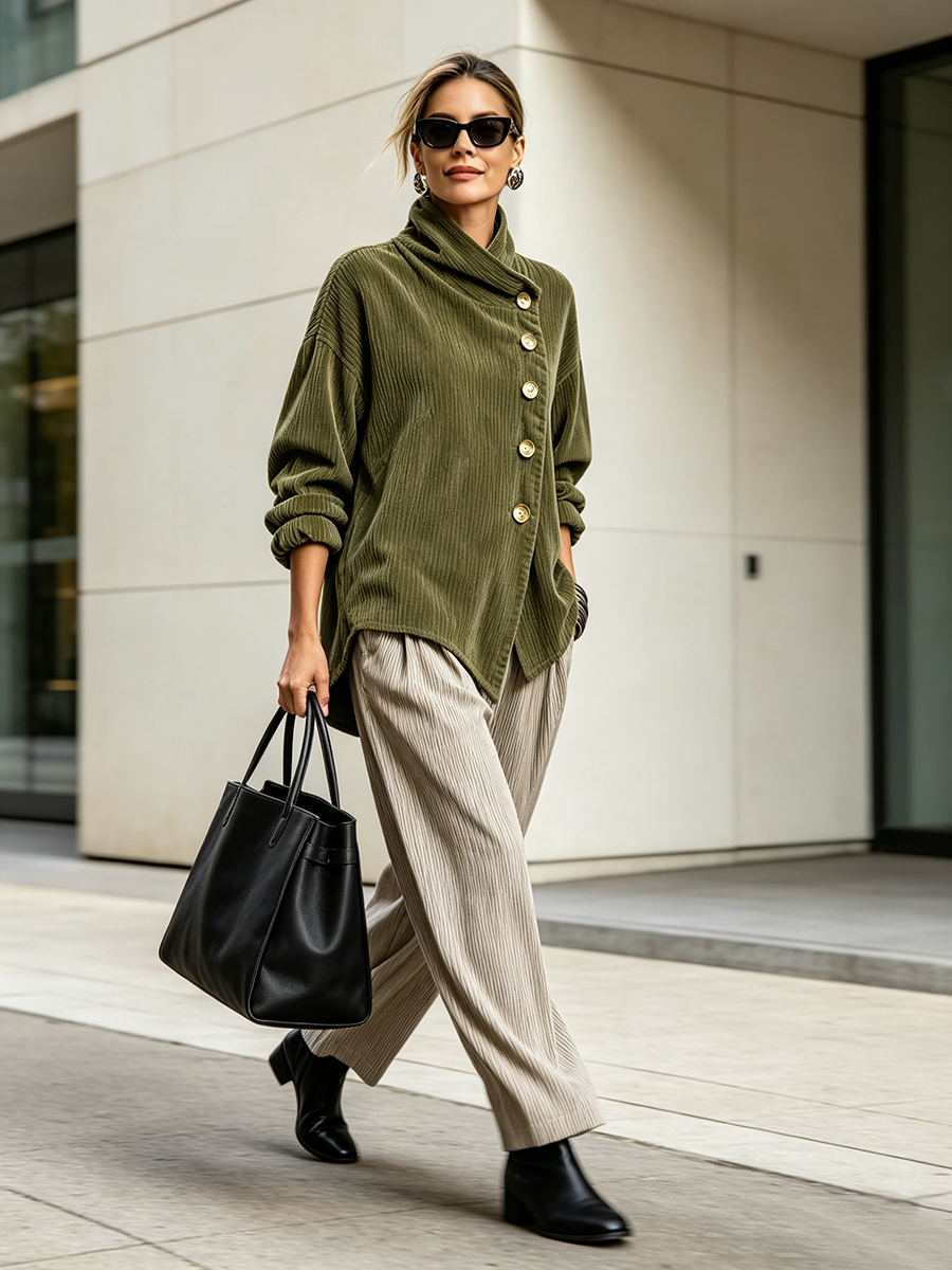 Moniza - Asymmetric Button-Up Corduroy Sweater
