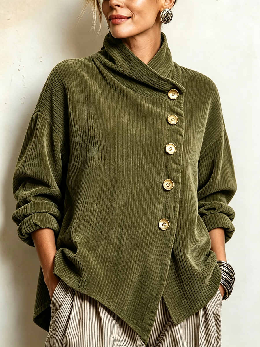 Moniza - Asymmetric Button-Up Corduroy Sweater