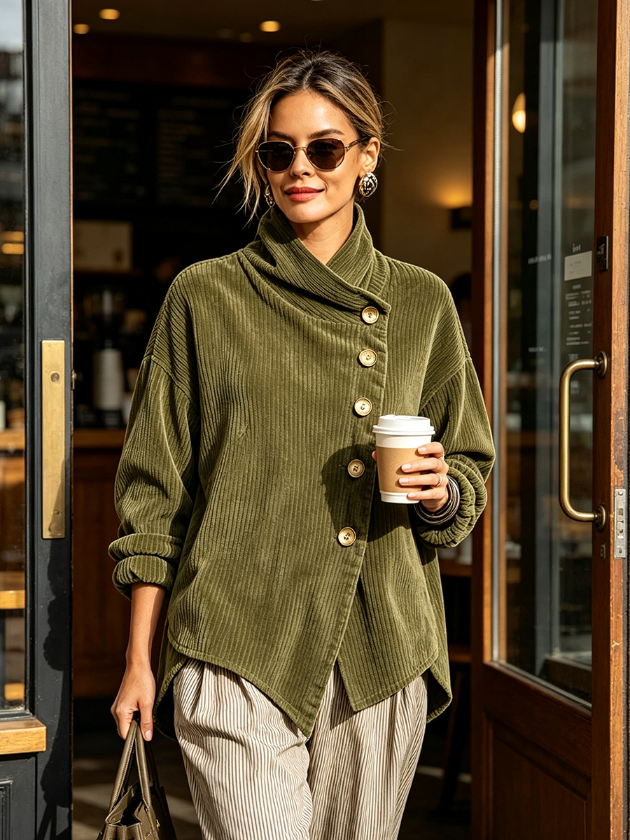 Moniza - Asymmetric Button-Up Corduroy Sweater