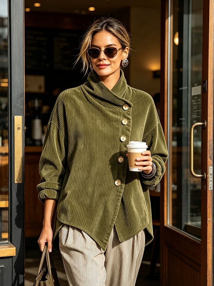Moniza - Asymmetric Button-Up Corduroy Sweater