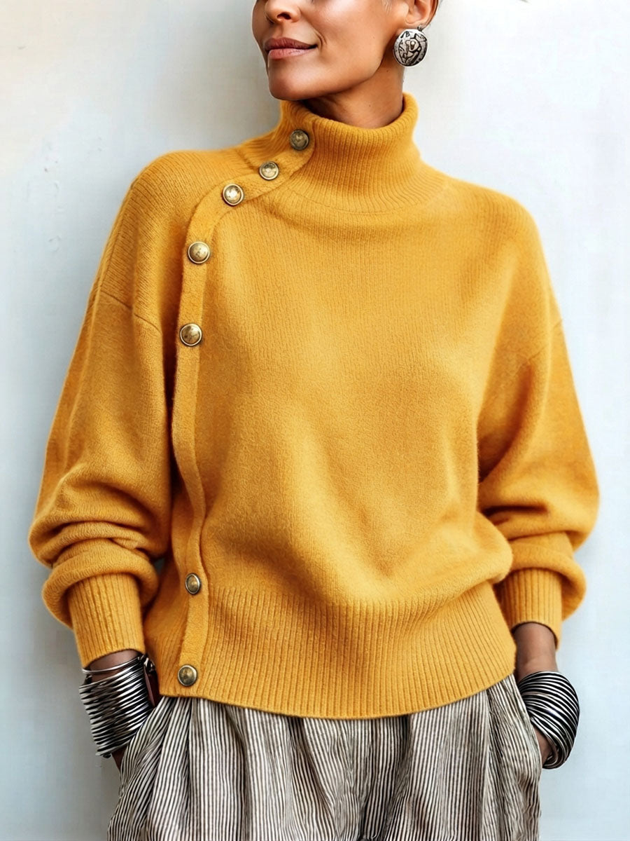 Lylian - Turtleneck Button Trim Long Sleeve Sweater