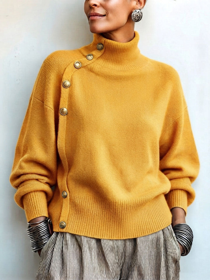 Lylian - Turtleneck Button Trim Long Sleeve Sweater