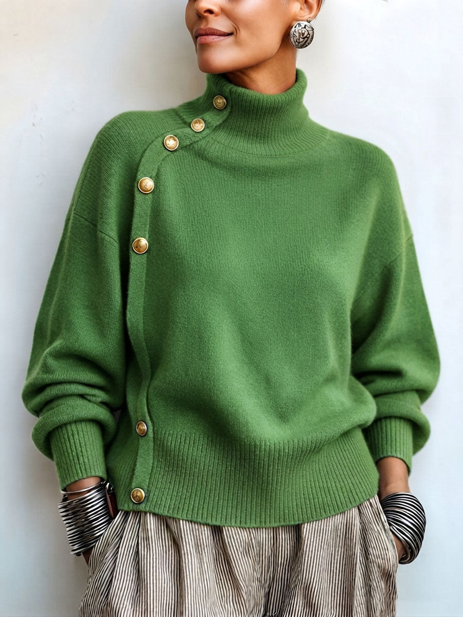 Lylian - Turtleneck Button Trim Long Sleeve Sweater