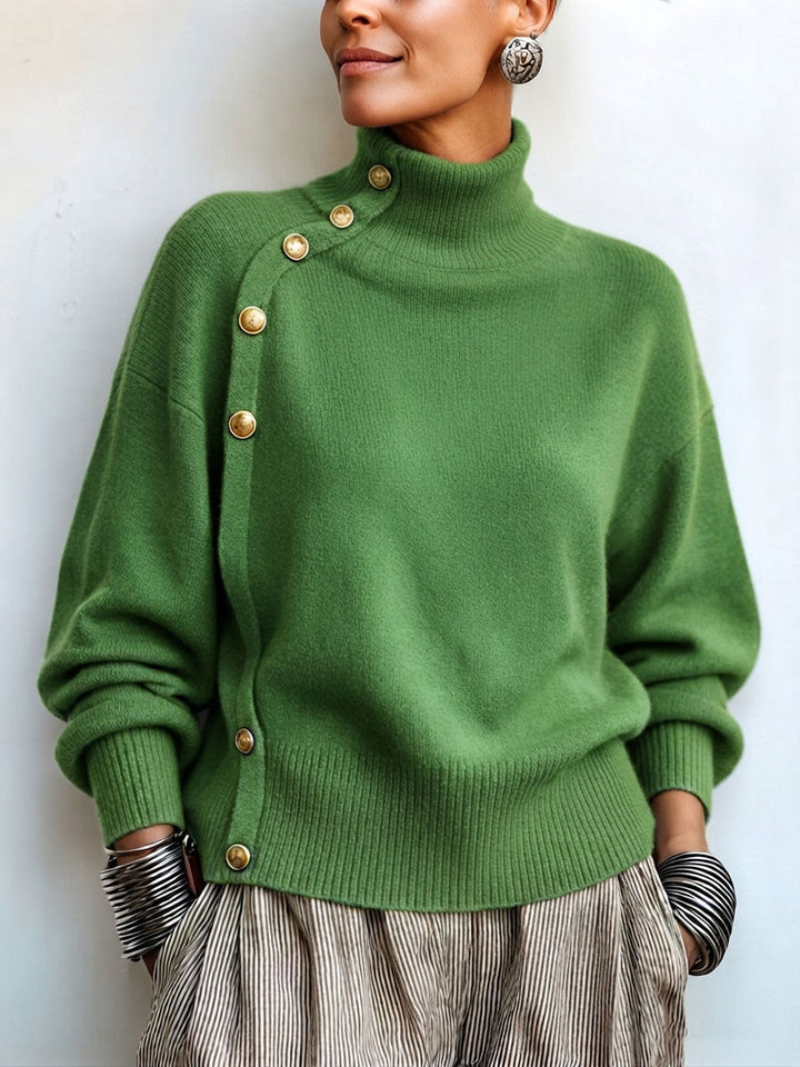 Lylian - Turtleneck Button Trim Long Sleeve Sweater