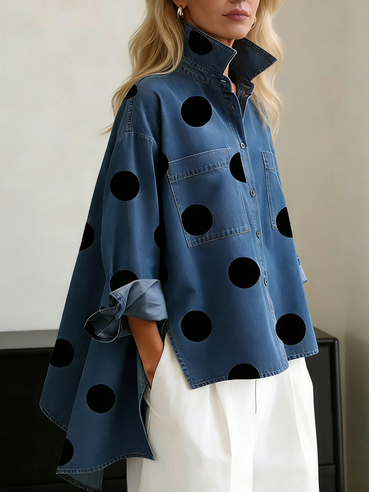Shayner - Long Sleeve Polka Dot Denim Button-Up Shirt