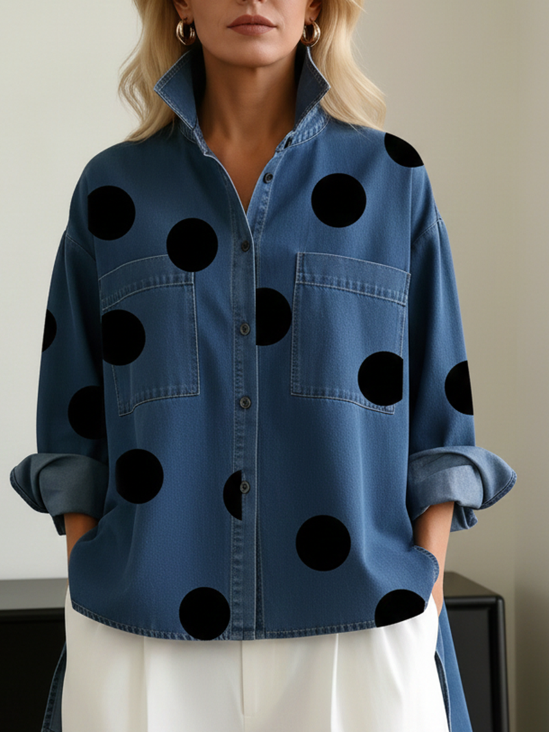 Shayner - Long Sleeve Polka Dot Denim Button-Up Shirt