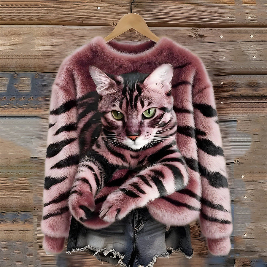 Zohara - Faux Fur Sweater With Cat Print