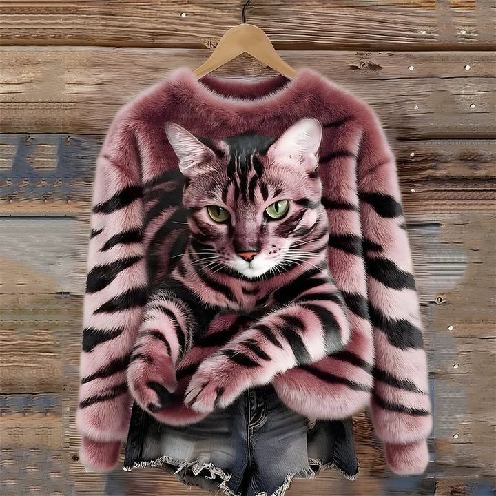 Zohara - Faux Fur Sweater With Cat Print