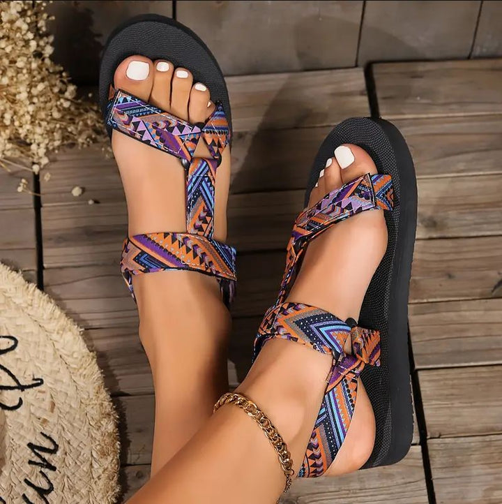 Maryane - Patterned Hook and Loop Platform Sandals