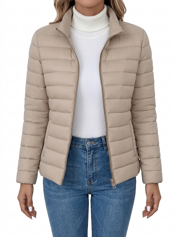 Loryta - Quilted Stand Collar Zip Up Puffer Jacket