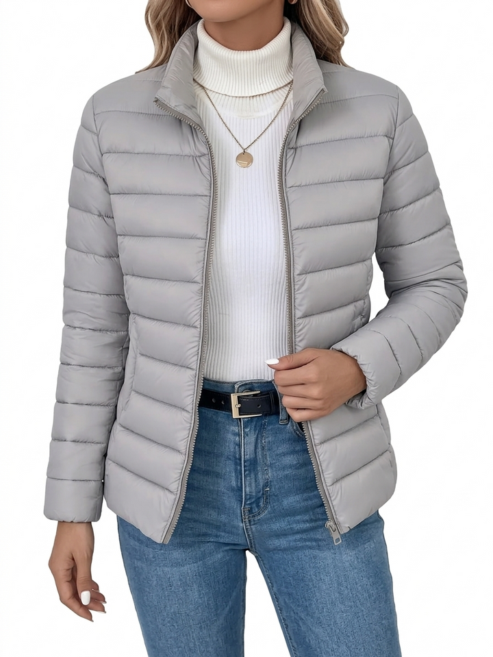 Loryta - Quilted Stand Collar Zip Up Puffer Jacket
