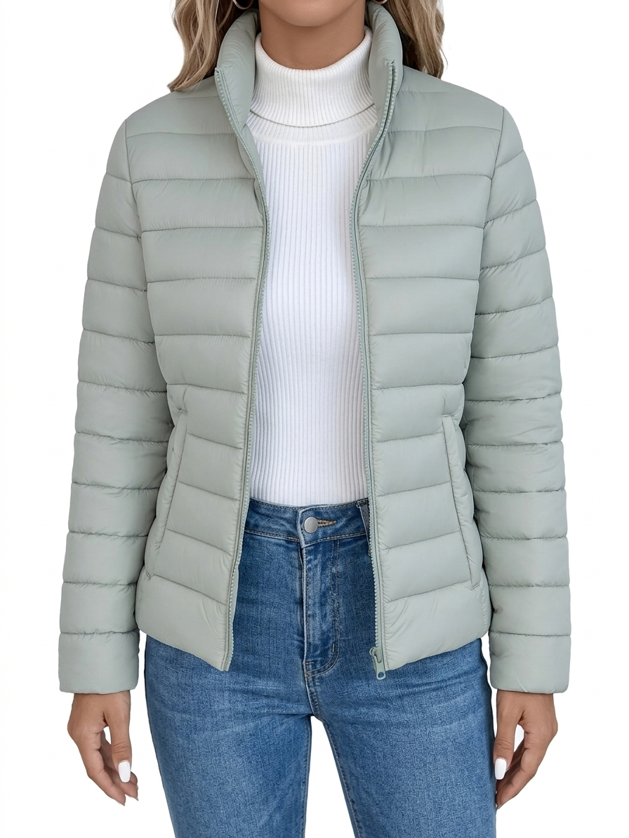 Loryta - Quilted Stand Collar Zip Up Puffer Jacket