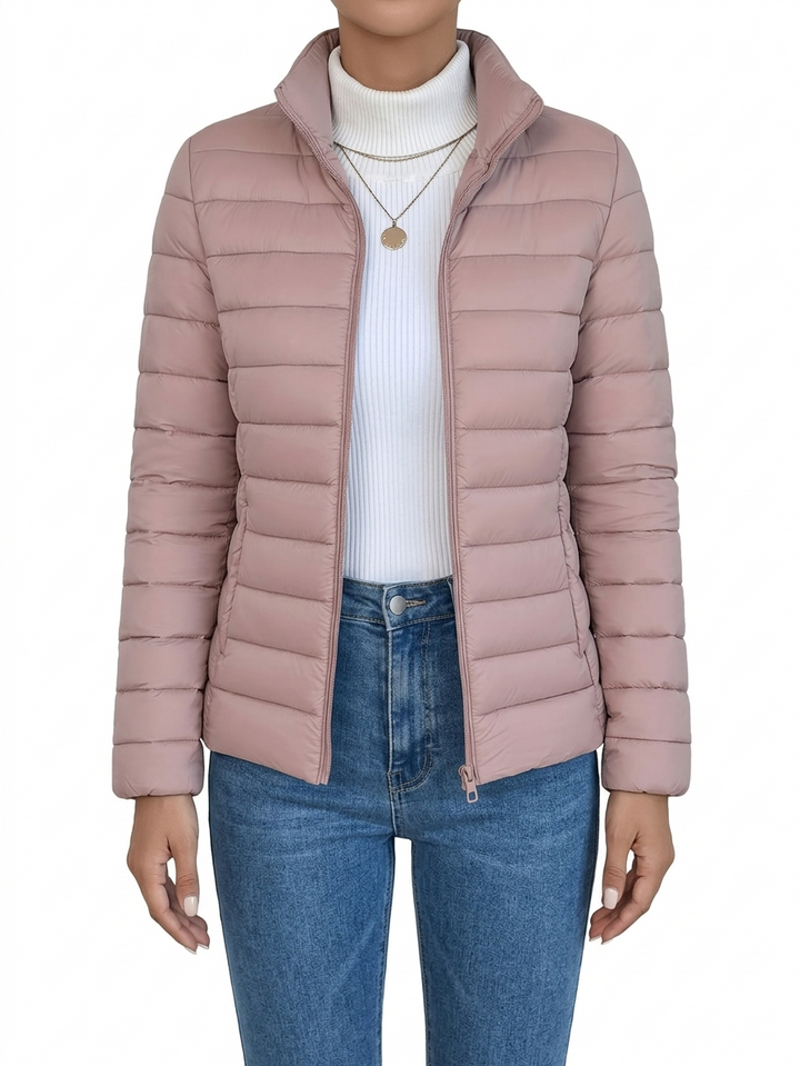 Loryta - Quilted Stand Collar Zip Up Puffer Jacket