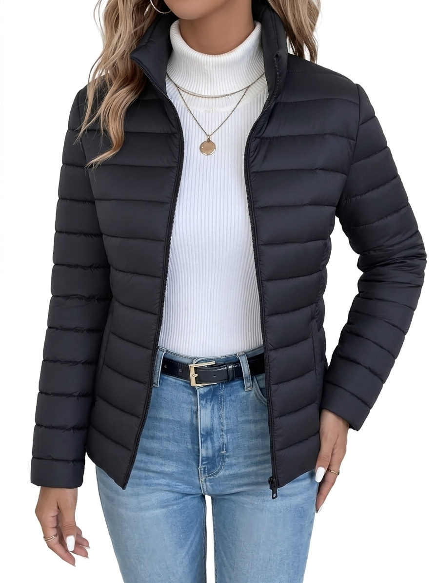 Loryta - Quilted Stand Collar Zip Up Puffer Jacket