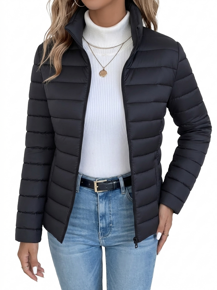 Loryta - Quilted Stand Collar Zip Up Puffer Jacket
