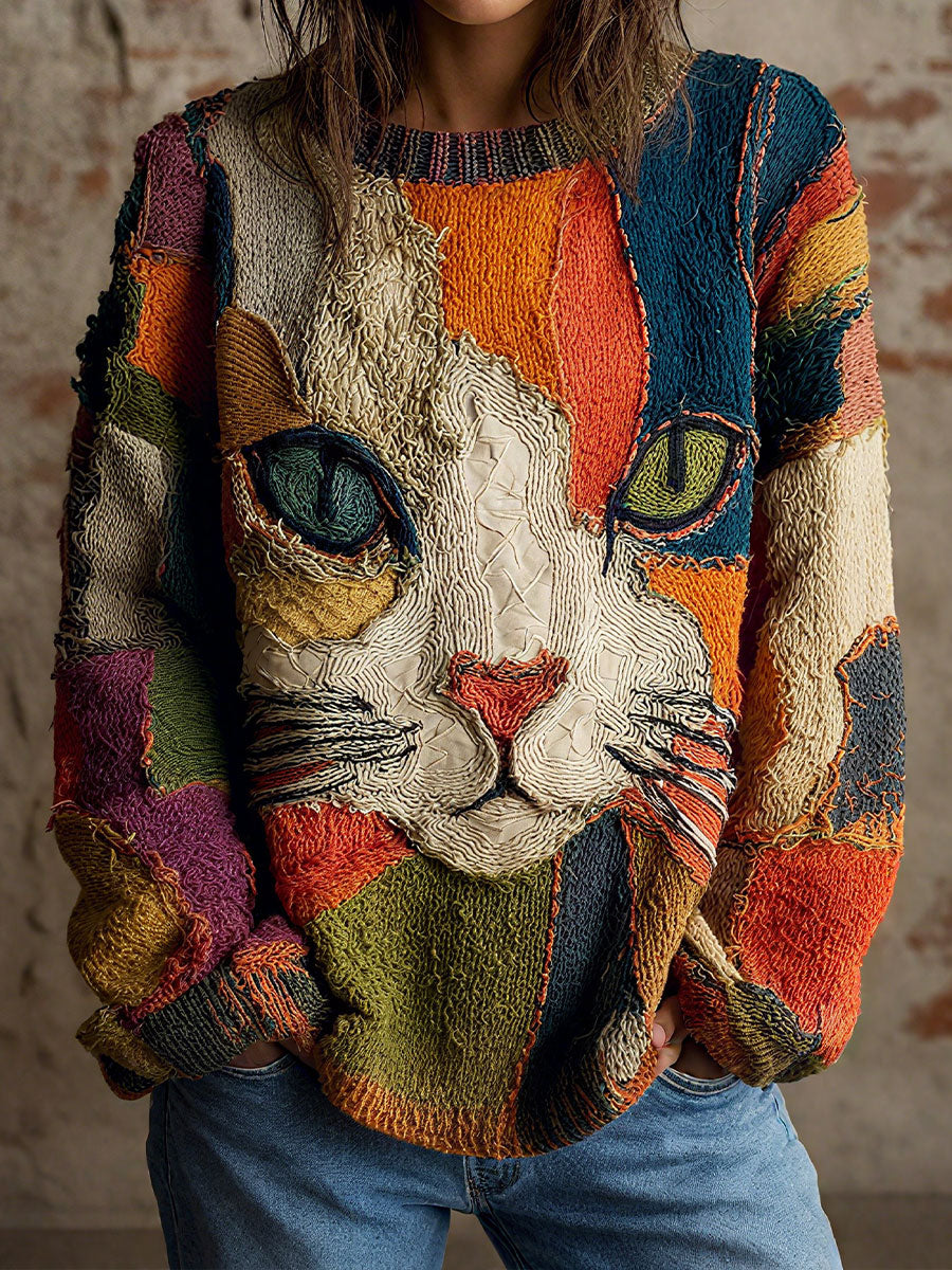 Chaya - Casual Artistic Patchwork Cat Face Top