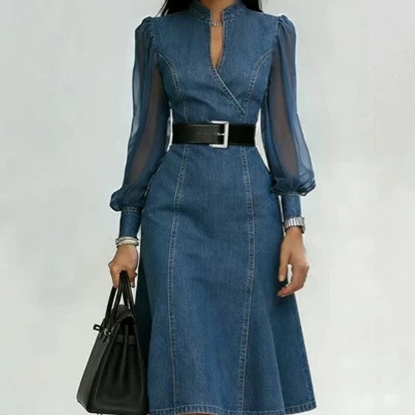 Kaniza - Dress With Sheer Long Sleeves and Belt