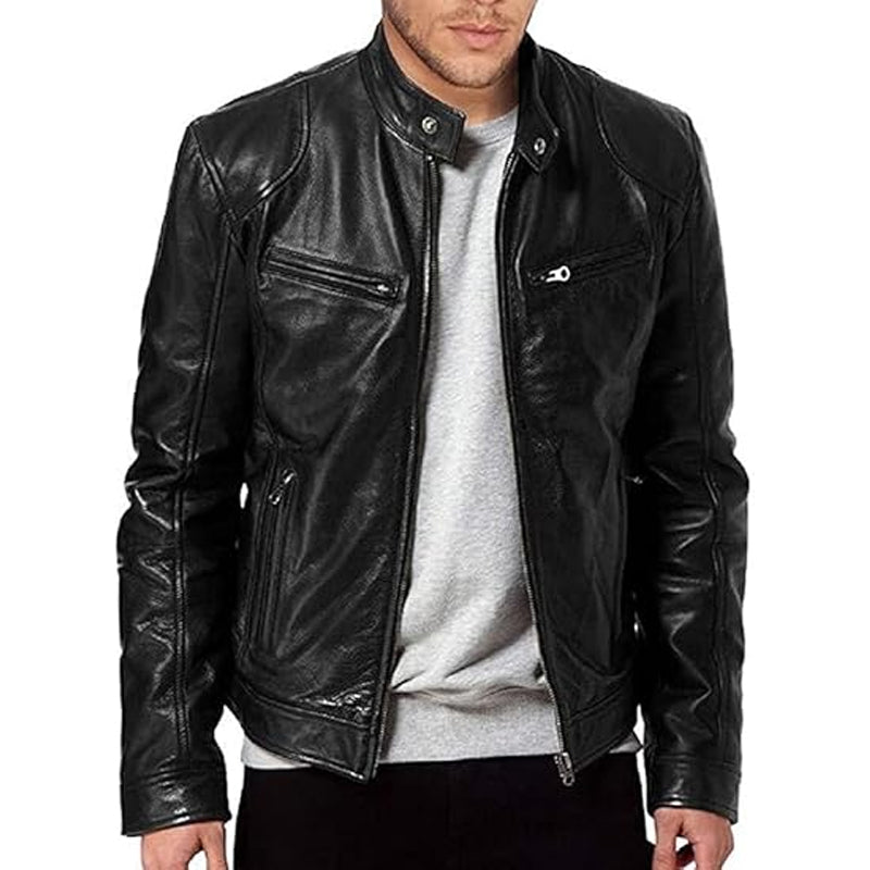 Emanual - Stand Collar Zip Up Leather Jacket