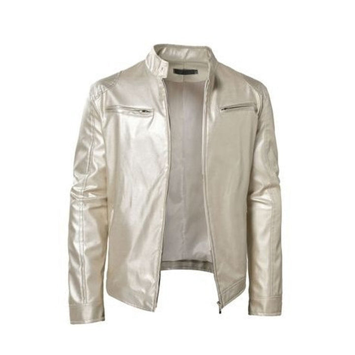 Emanual - Stand Collar Zip Up Leather Jacket