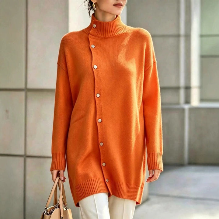 Hiroko - Longline Knit Sweater With Turtleneck and Buttons