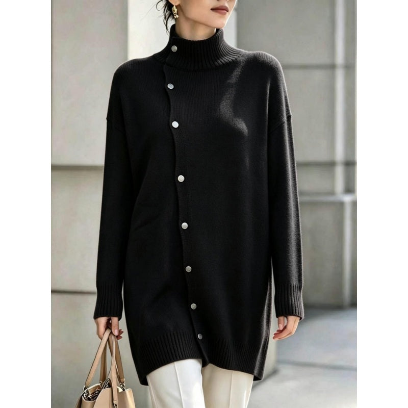 Hiroko - Longline Knit Sweater With Turtleneck and Buttons