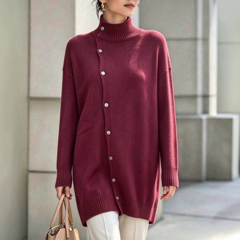 Hiroko - Longline Knit Sweater With Turtleneck and Buttons