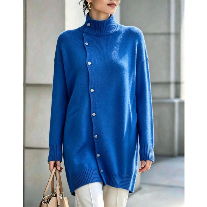 Hiroko - Longline Knit Sweater With Turtleneck and Buttons