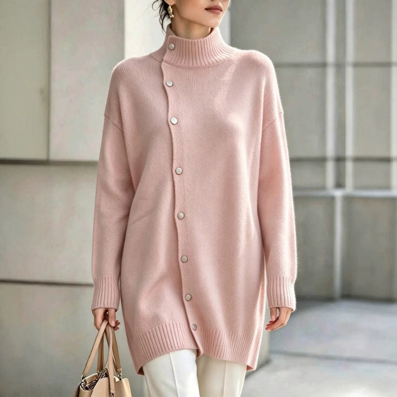 Hiroko - Longline Knit Sweater With Turtleneck and Buttons