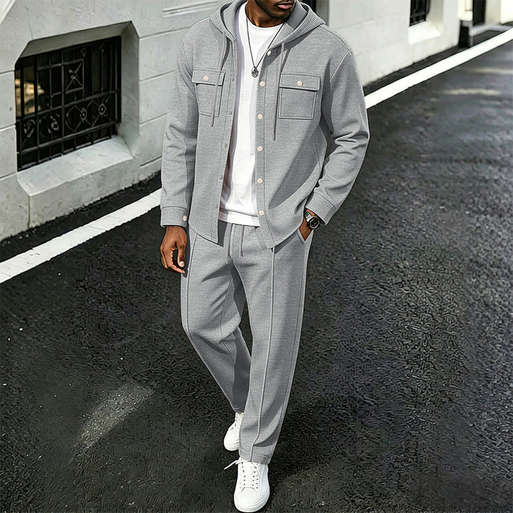 Waylon - Waffle Print Hooded Jacket And Pants Set