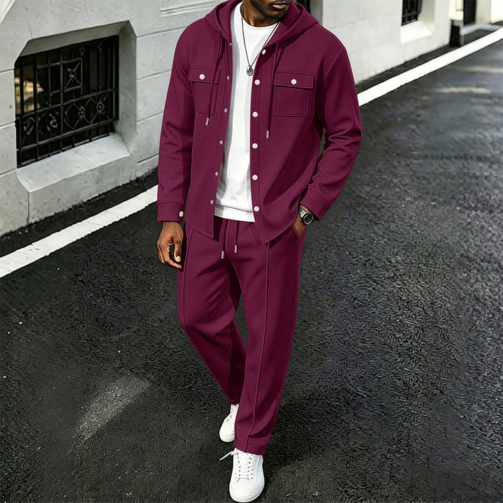 Waylon - Waffle Print Hooded Jacket And Pants Set