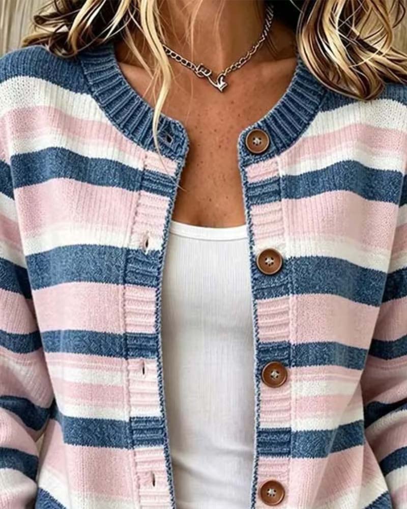 Christelle - Striped Crew Neck Single Breasted Cardigan
