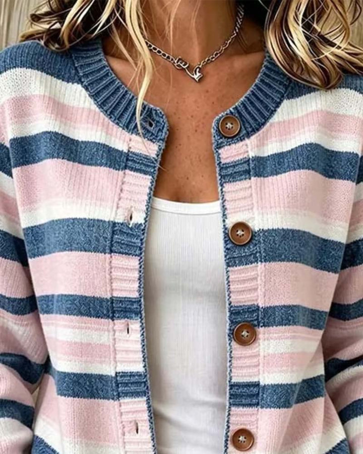 Christelle - Striped Crew Neck Single Breasted Cardigan