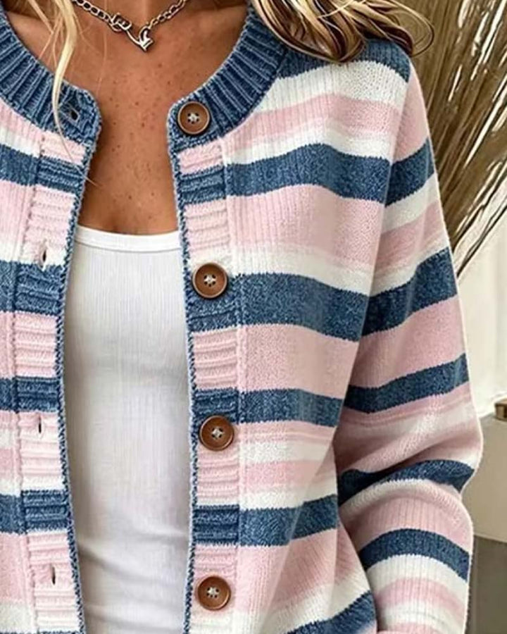 Christelle - Striped Crew Neck Single Breasted Cardigan