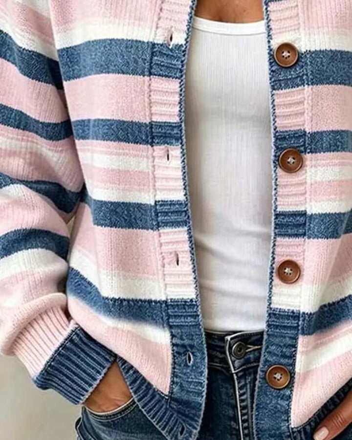 Christelle - Striped Crew Neck Single Breasted Cardigan