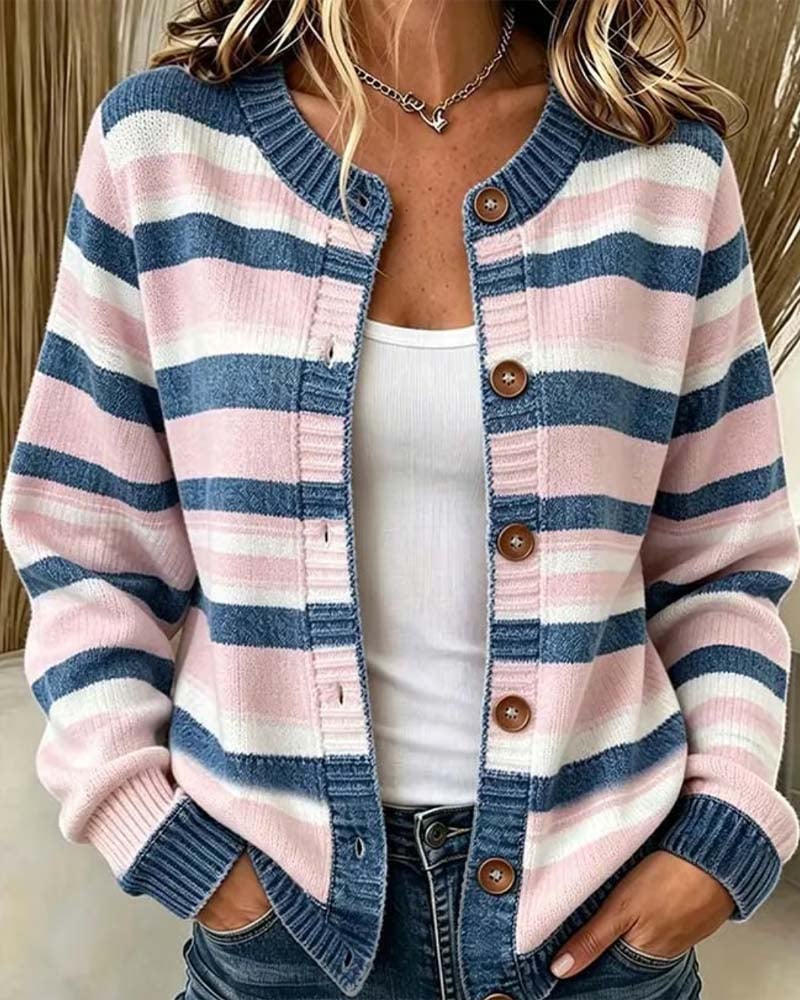 Christelle - Striped Crew Neck Single Breasted Cardigan